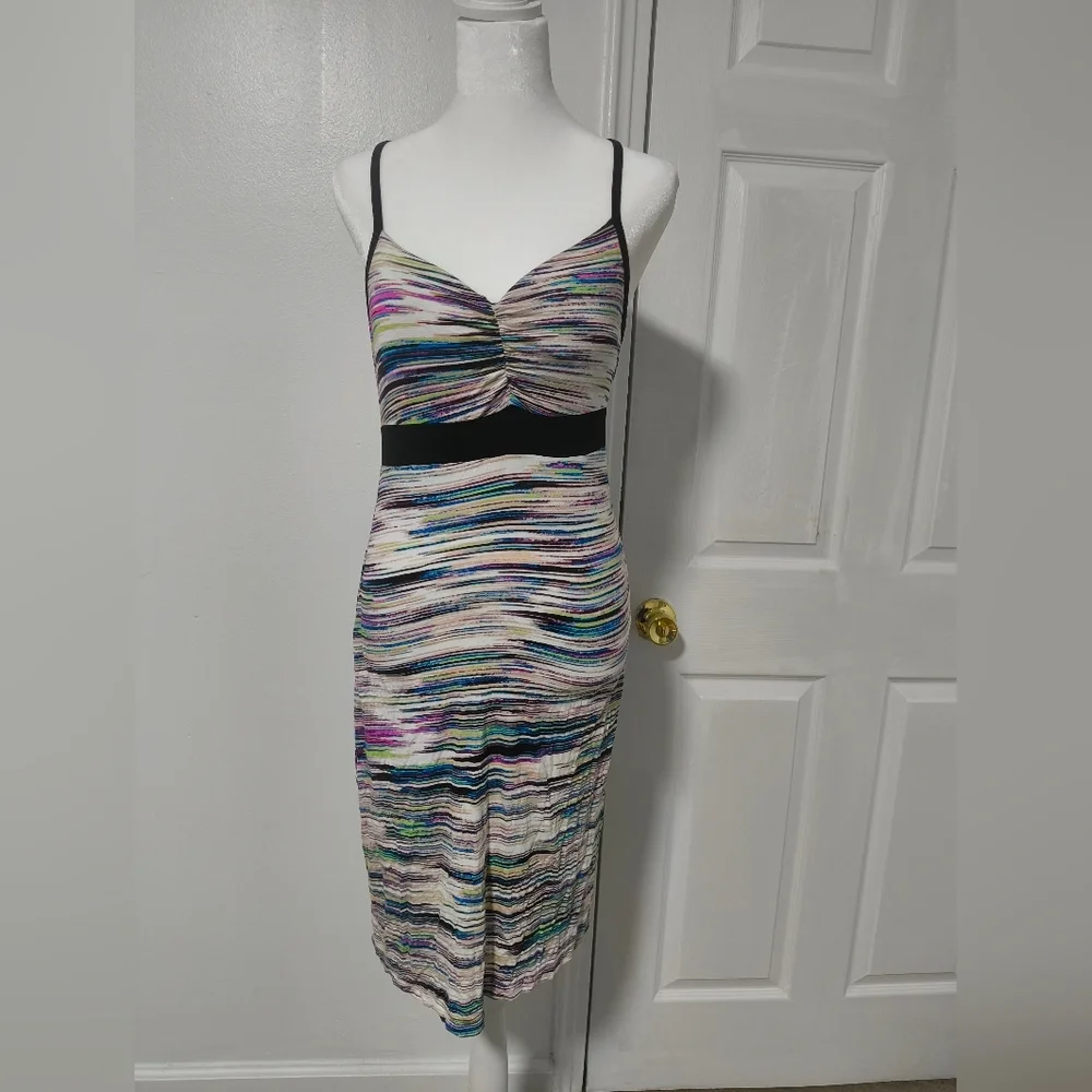 Dakini Multicolor Striped Midi Dress with Black Waistband